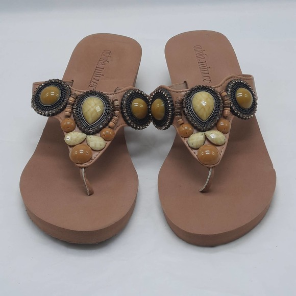 Olivia Miller Sandals Shoes Womens Size 7 Tan Beaded Thong Slip On - Picture 2 of 10